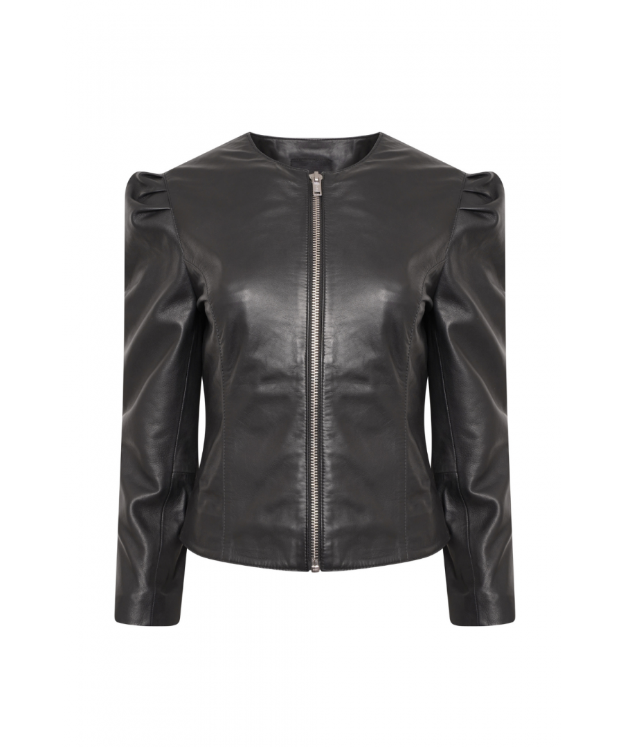 This classic leather jacket features unique puff sleeve detailing and a simple zip fastening.