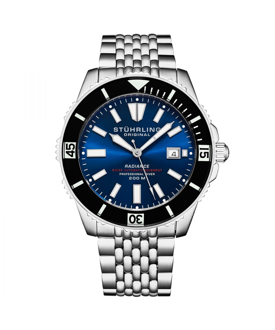 Men's Automatic Dive Watch with Swiss Movement, Stainless Steel Case, Blue Dial, Black Bezel, Stainless Steel beaded bracelet