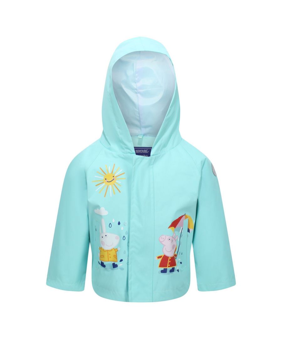 Material: 100% Polyester. Fabric: Hydrafort. Design: Logo, Sun. Fabric Technology: Lightweight, Sun Protective, Waterproof. Reflective Trim. Neckline: Hooded. Sleeve-Type: Long-Sleeved. Hood Features: Grown On Hood. Pockets: 2 Lower Pockets. Fastening: Stud. Hem: Shaped. Characters: Peppa Pig, Rebecca Rabbit.