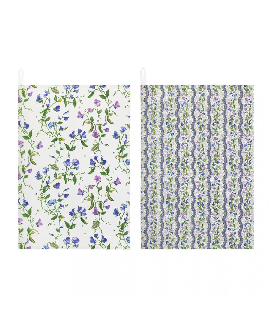 Set of 2 Tea Towels - Sweet Pea - Cream/Blue