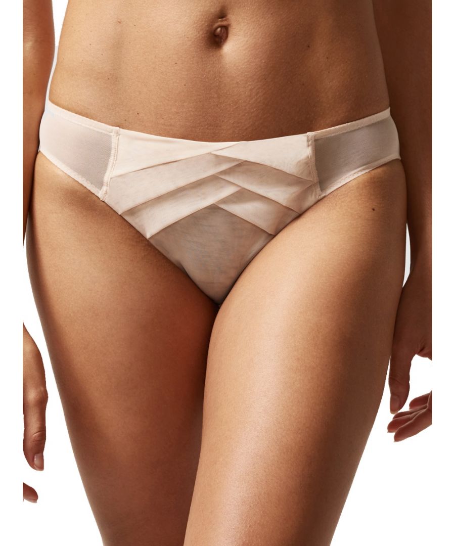 Chantal Thomass Encens Moi Brief. A lightweight French design with a sheer effect, laced tulle and gathering at the back. Elastic waist and tulle effect. Product is made of 88% Nylon, 12% Elastane, Cotton and is hand-wash only.