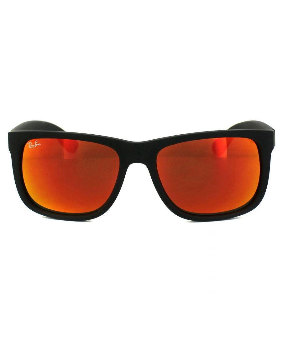 Ray-Ban Sunglasses Justin 4165 622/6Q Rubber Black Red Mirror are inspired by the Original Wayfarer 2140 and are one of the coolest designs throughout the entire Ray-Ban collection. Justin is a bold style that features large, boxy lenses that suit most face shapes and they share the same winged temples as the classic 2140. The propionate plastic frame is super lightweight for comfort and theyâ€™re available in bright, fresh colours as well as the traditional choices. The Ray-Ban Justin is part of the Highstreet collection and are therefore a more affordable choice.
