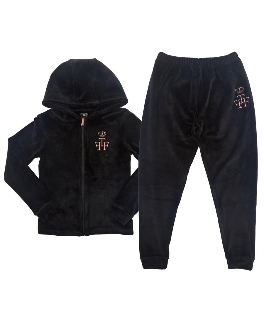 Firetrap Velour Tracksuit Set Junior Girls -  This Firetrap Velour Tracksuit Set consists of a jacket and jogging pants. The jacket is crafted with full zip fastening, long sleeves and a hood. The joggers feature an elasticated waistband for comfort. Both pieces in this set are a velour design with a signature logo and are complete with Firetrap branding.