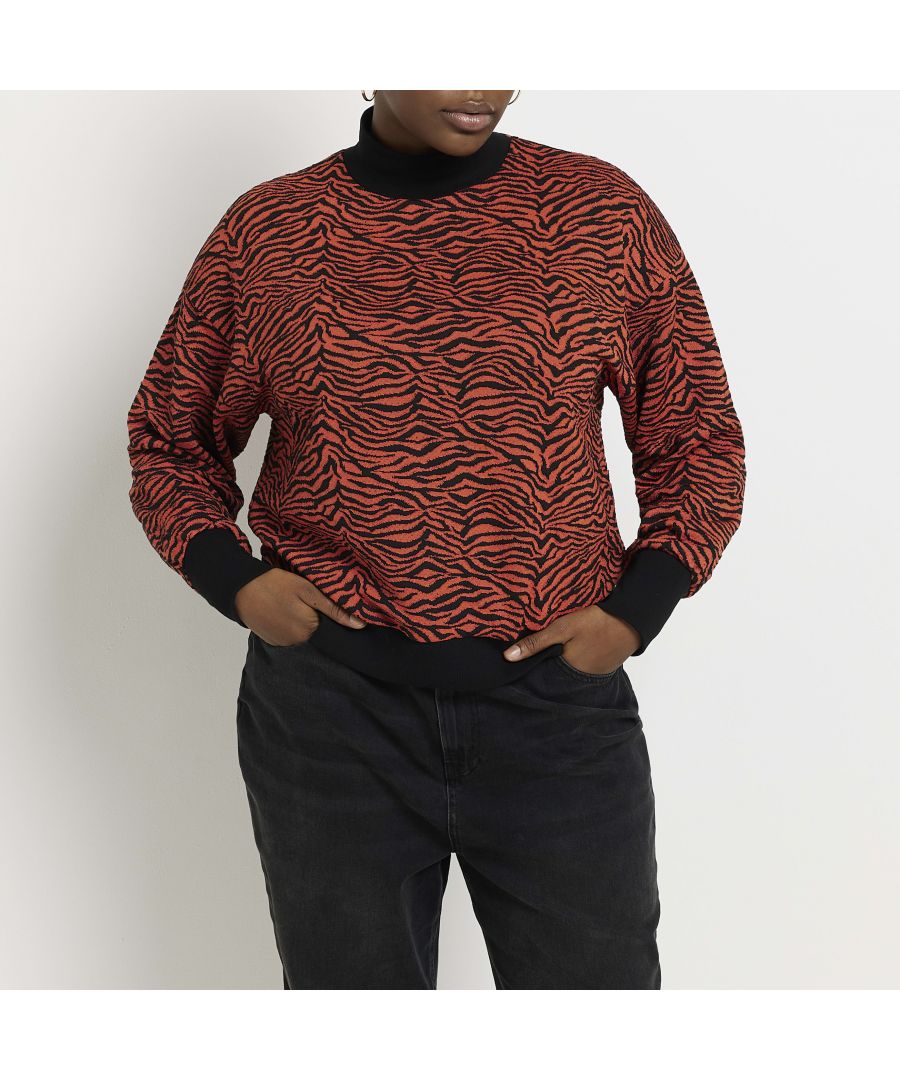 > Brand: River Island> Department: Women> Colour: Red> Type: Jumper> Style: Pullover> Material Composition: 99% Polyester 1% Elastane> Material: Polyester> Neckline: High Neck> Sleeve Length: Long Sleeve> Pattern: Animal Print> Occasion: Casual> Size Type: Plus> Season: AW22
