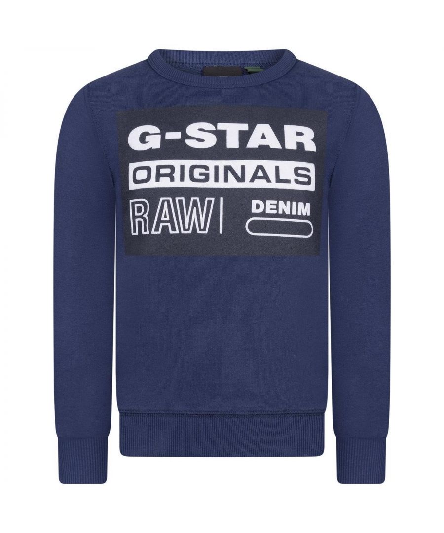 Boys blue sweater from G-Star Raw. Features a rib-knit round collar, cuffs and hem, a large logo print on the front and embroidered logo tab on the seam.