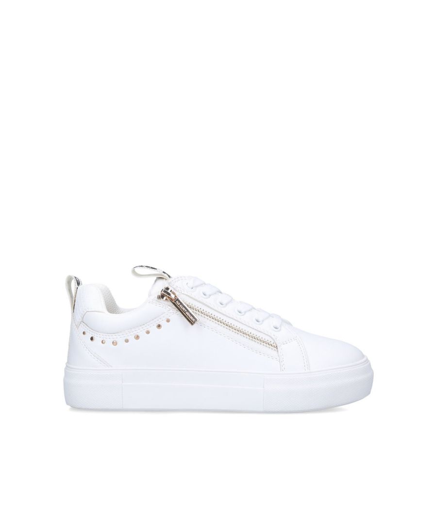 The Lauren Embellished is a lace-up sneaker in white. There are gold tone studs and zip feature on the upper as well as two contrasting KG Kurt Geiger logo printed on ribbed textile with a print stitch detailing tabs. There is a small white monocle at the snake embossed tongue. This product is registered with The Vegan Society.