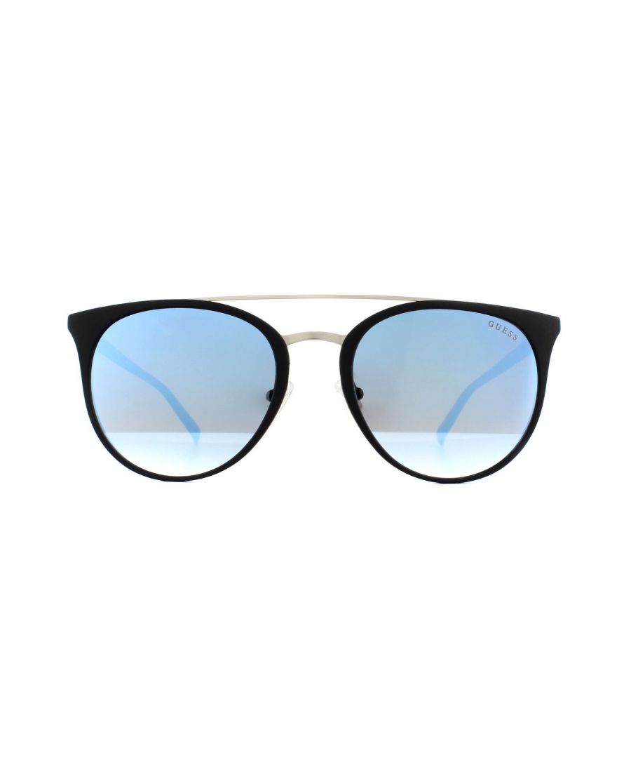 Guess Round Mens Black Blue Mirror Sunglasses - One Size