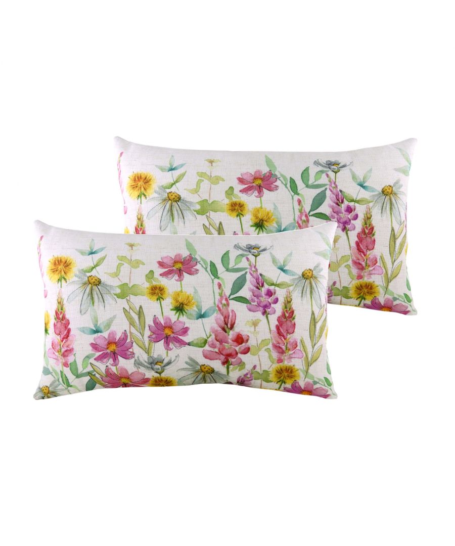 Bring the outside in and liven up your home with this cheery Wild flower cushion. This cushion captures a variety of wild flowers and foliage in their bright and natural colours, these flowers are complemented by the plain linen look background which makes it a beautiful addition to any home.