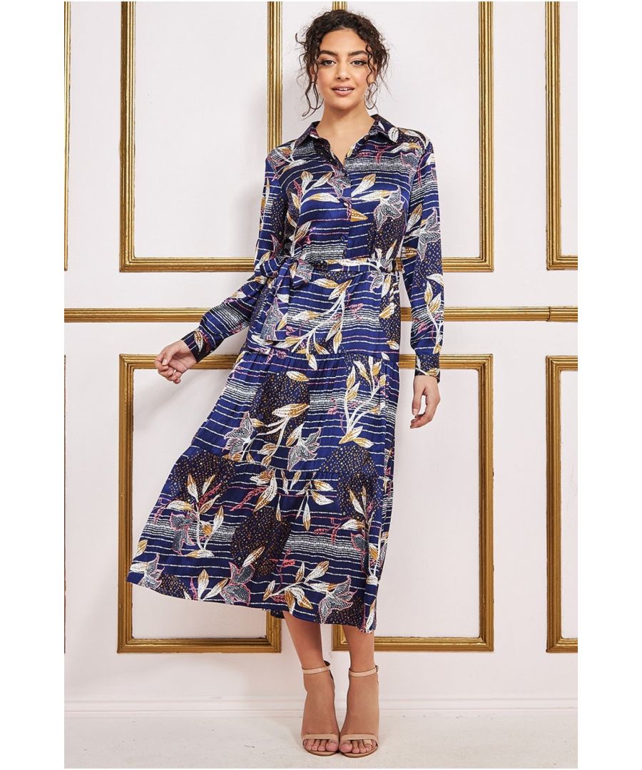 Goddiva Womens Printed Tiered Shirt Midi Dress - Navy - Size 12 UK