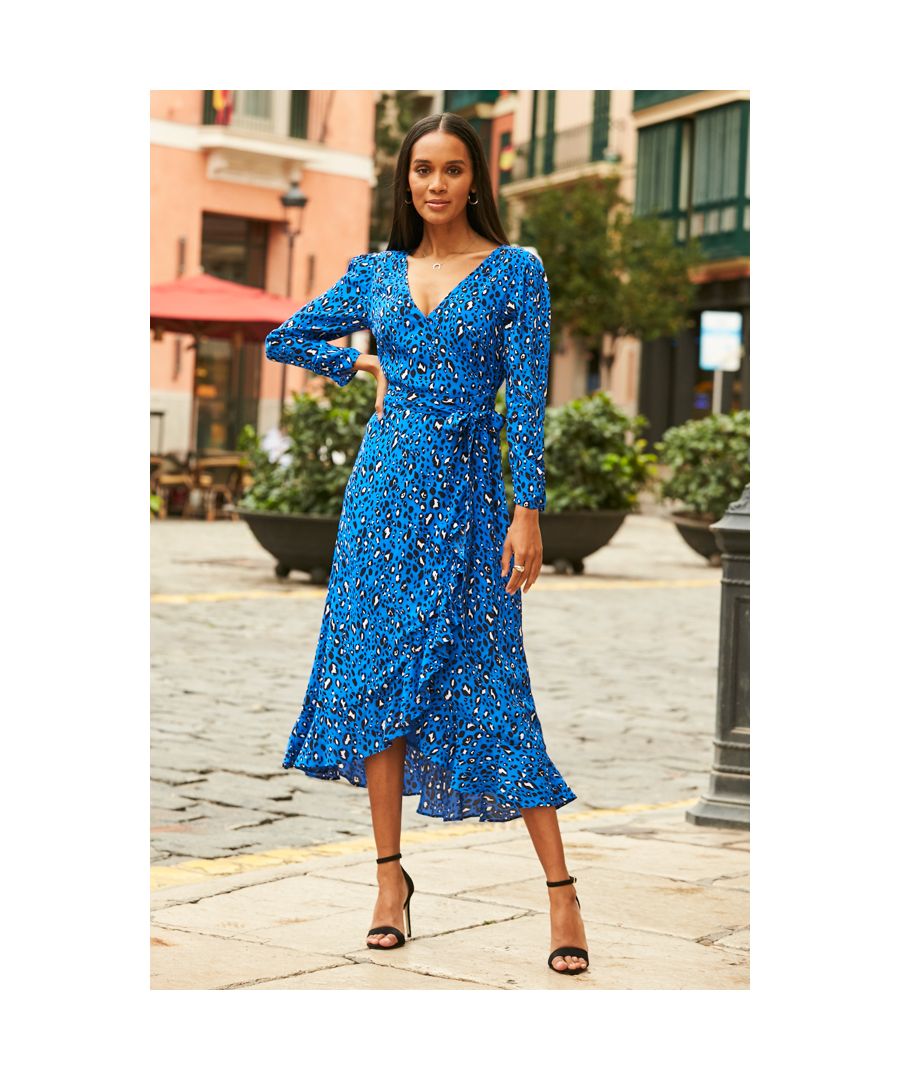 REASONS TO BUY: \n\nProduct warning: will cause major dress envy\nSuits-all-boobs V-neckline\nOn-trend blouson sleeves\nRuffle hem, because it's all in the details\nHead-turning blue animal print\nTake it out-out with strappy heels or dress it down with trainers