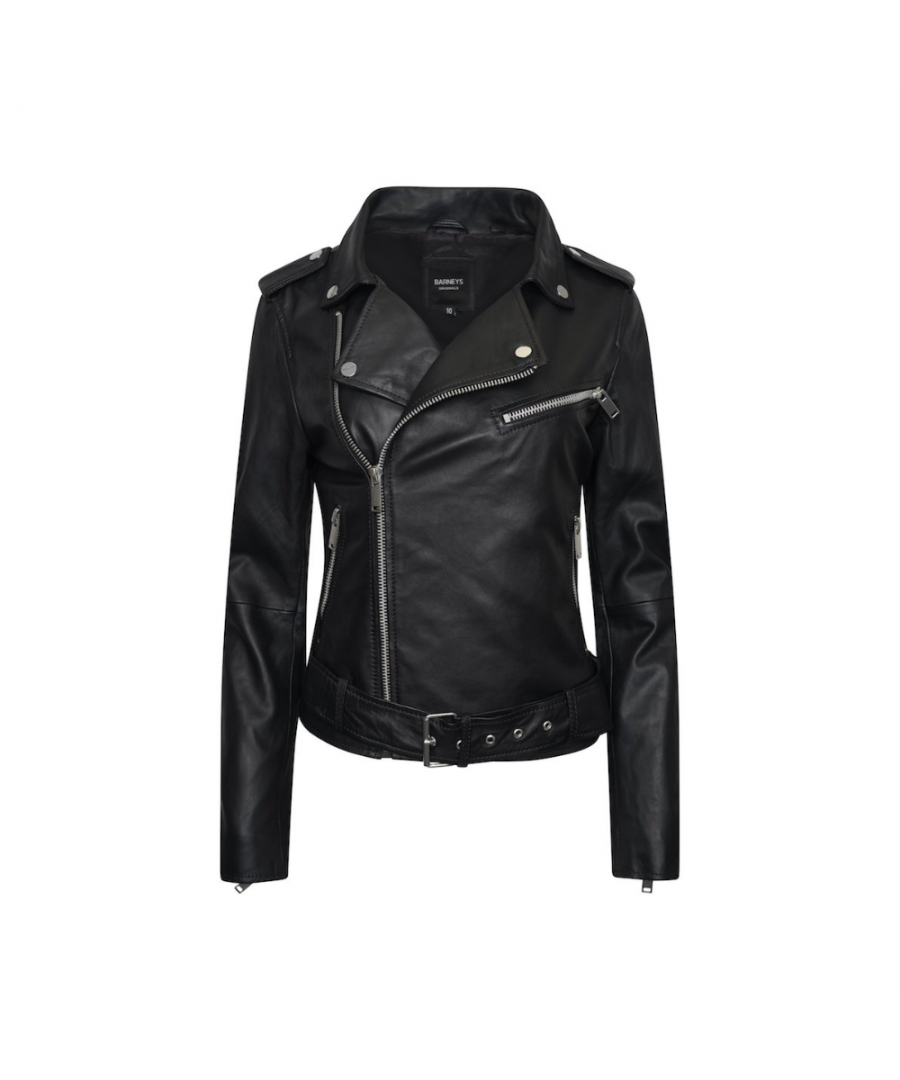 The iconic Barneys Originals 'Emma' leather biker jacket is back. This 100% real leather biker is made from super soft sheep leather. Lightweight and long lasting, this belted biker jacket is a wardrobe essential. With an asymmetric zipline and silver coloured hardwear, this classic biker jacket is sure to seemlessly pair with any of your go-to outfits.