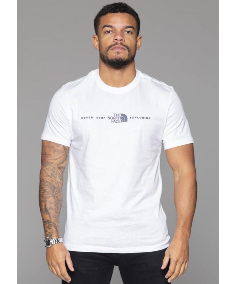 The North Face Never Stop Exploring Mens T-shirt.      \n\nRegular Fit, Crew Neck, Short Sleeves.      \n\nCrafted From Breathable Cotton Fabric.      \n\nGraphic Print to Left Chest and Back.      \n\n100% Cotton.      \n\nMachine Washable.
