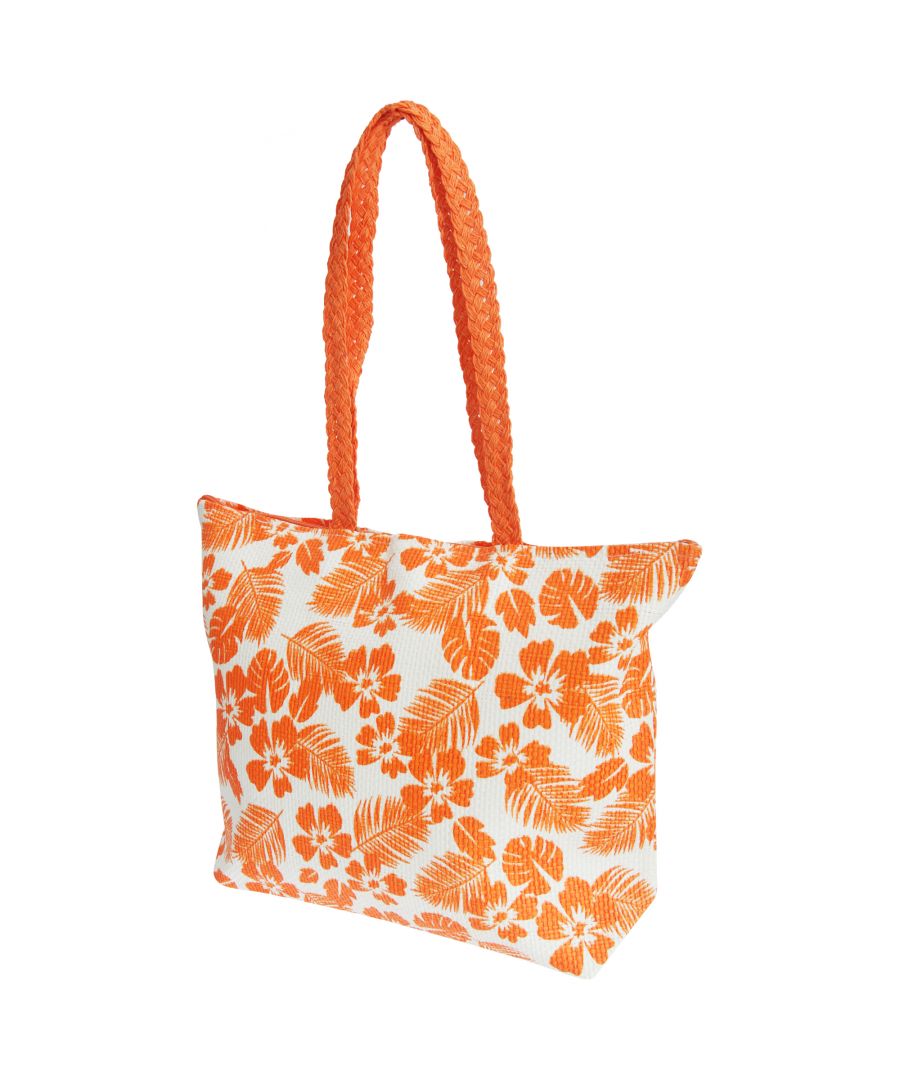 Ladies summer beach bag with straw woven build and floral leaf patterned design. Top carry handles for easy transportation. Spacious main compartment with inner zip pocket and secure zip fastener. Choice of 2 colours. Size (excluding handles): Width- 45cm (18in) x Length- 33cm (13in) x Depth- 13cm (5in). Material: outer- 100% Paper Straw, lining- 100% Polyester. Do not get wet.