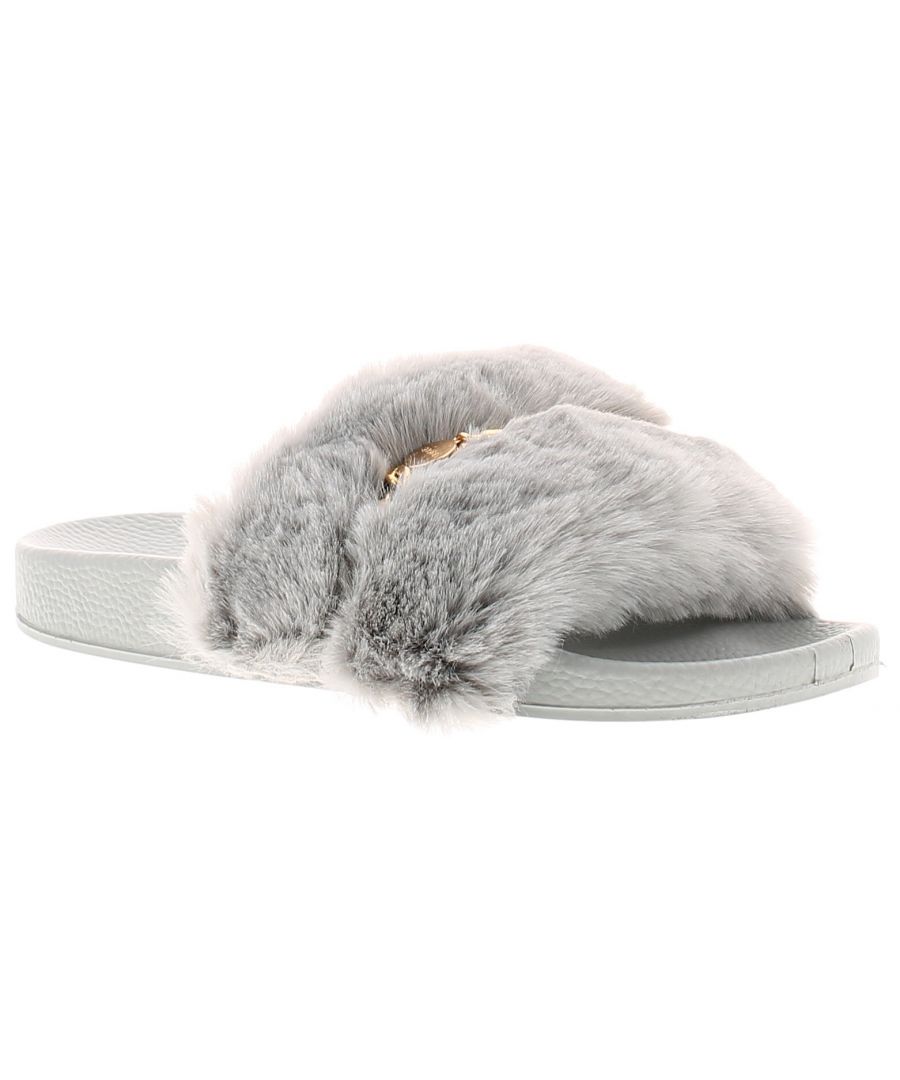 Miss Riot Rivers Girls Sandals & Sliders Grey. Fabric Upper. Fabric Lining. Synthetic Sole. Girls Childrens Comfy Faux Fur Luxury Slider.