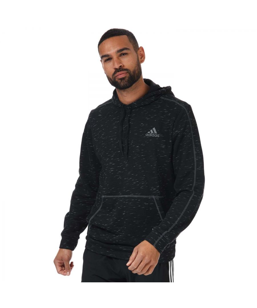 Mens adidas Essentials Melange Embroidered Hoody in black.- Drawcord-adjustable hood.- Long sleeves.- Kangaroo pocket.- Regular fit.- Main Material: 53% Cotton  36% Polyester (Recycled)  11% Rayon. Hood Lining: 100% Cotton. - Ref: GK8910