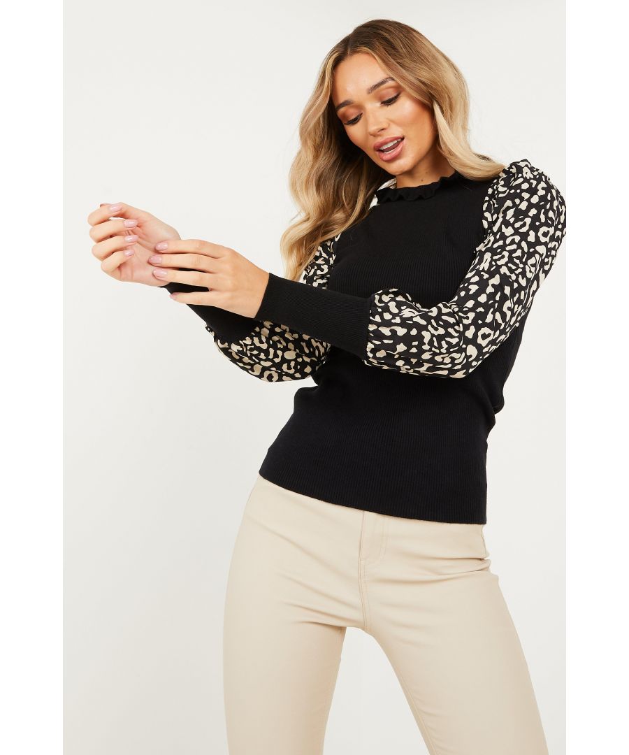 Image for Black Knitted Animal Print Frill Jumper