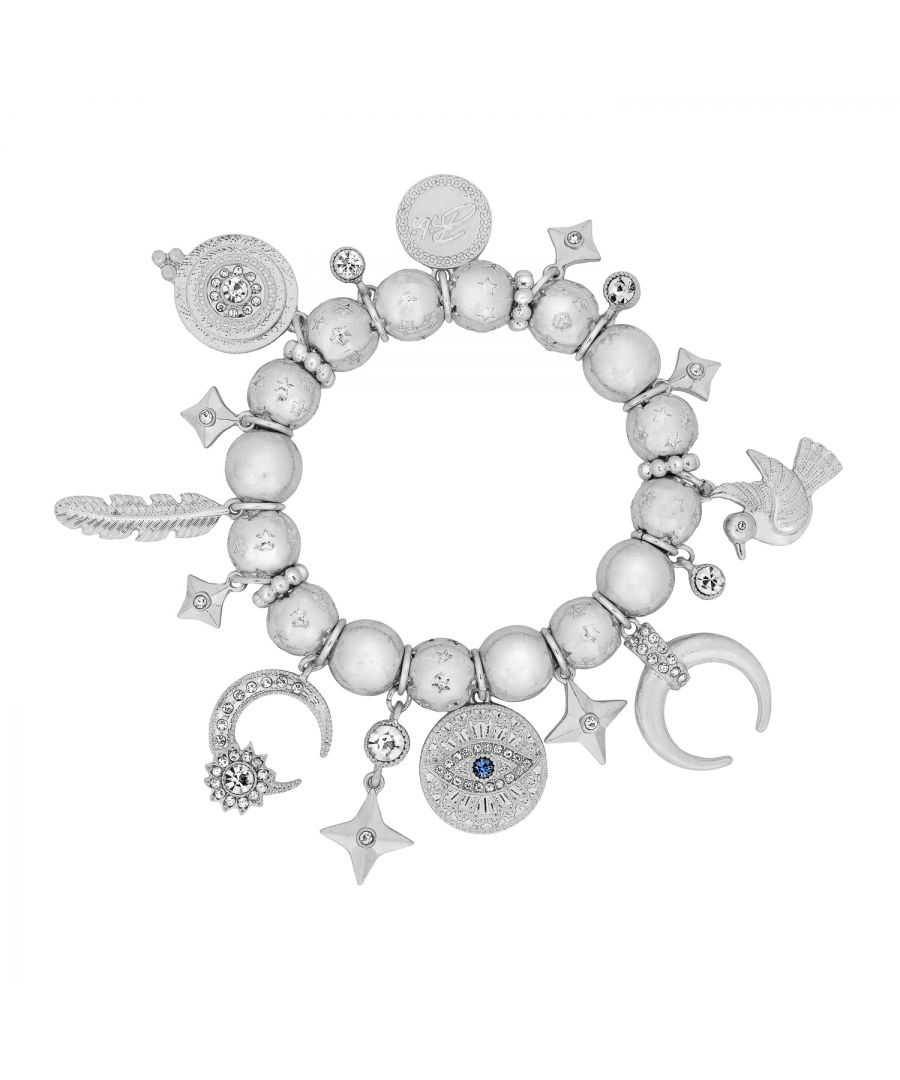 Add a fun and fashionable touch to your look with the Bibi Bijoux Silver Mexicana multi Charm ball Bracelet! Sparkling Charms that boast a Mexican vibe of stunning celestial Charms, this sparkly bracelet is the perfect way to show off worldly travels and adventures. Wear it as a reminder of one of your favourite getaways, or just because you want people to know how adventurous you are. This silver tone plated bracelet measures 7.5inch before stretch with reinforced internal silicone. Presented in a BB pouch to keep safe or for perfect gifting!