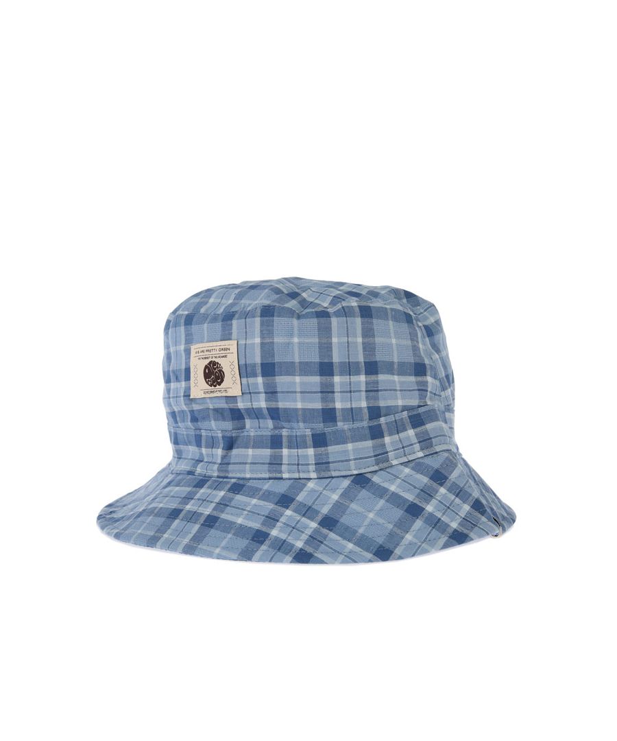 Mens Pretty Green Check Bucket Hat in blue.- Stitched detail around the brim and top of the hat.- An allover checked pattern.- The signature Pretty Green logo patch is embroidered on the front.- Woven Pretty Green logo pinch tag sewn into the side.- Shell: 100% Cotton. Lining: 80% Polyester  20% Cotton. - Ref: G21Q3MUACC939