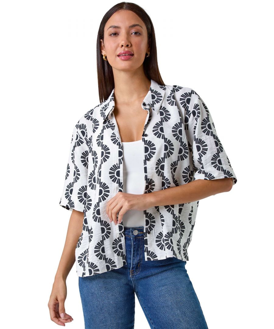 Roman Womens Geometric Print Button Shirt - Black/White - Size 10 UK