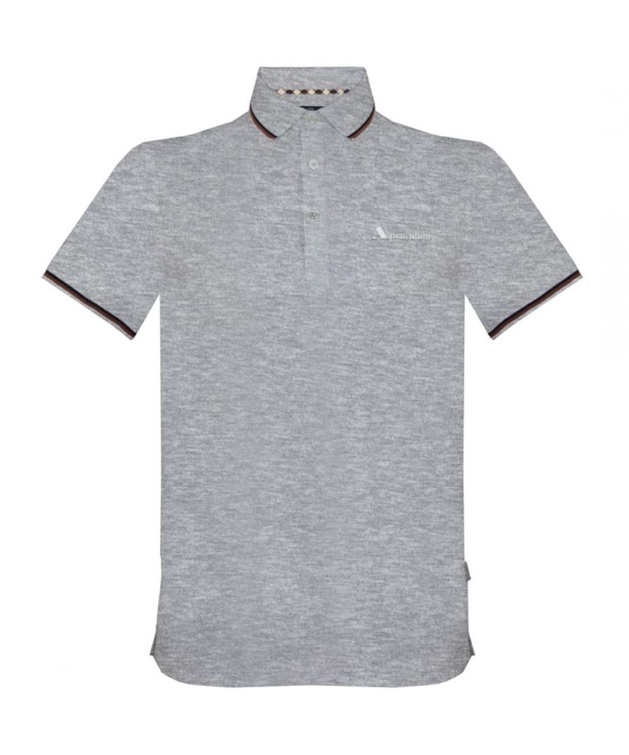 Aquascutum Brand Logo Grey Polo Shirt. Branded Logo, Short Sleeves. Stretch Fit 95% Cotton 5% Elastane. Regular Fit, Fits True To Size. QMP024 94
