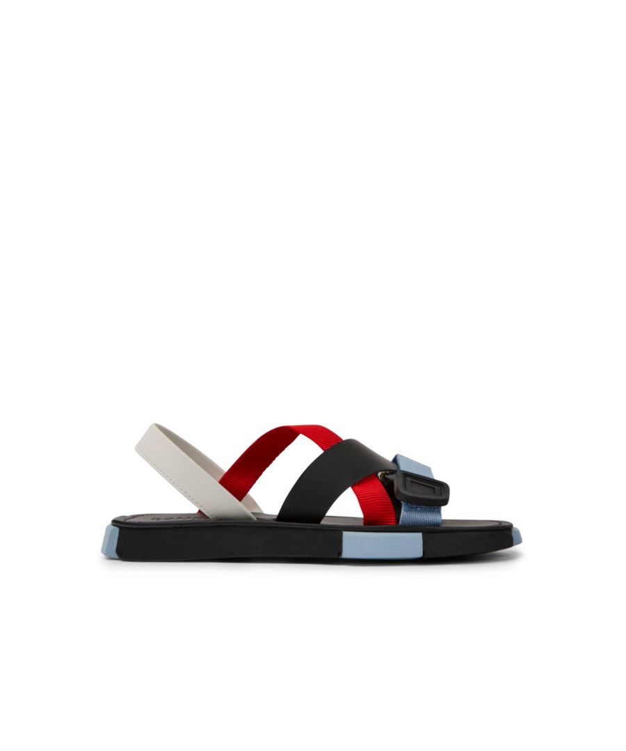 Red, white, and black leather and recycled PET webbing and leather men's sandals EVA and rubber outsoles (20% recycled) and a hook-and-loop closing system. \n\nOur Set is a lightweight style with multi-material straps made with recycled materials that support the foot and the planet.