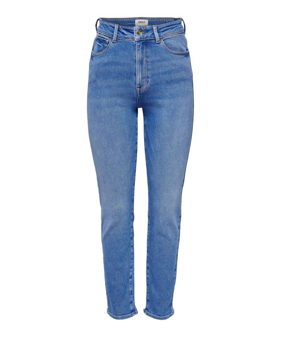 Deze cropped straight fit jeans voor dames van ONLY is gemaakt van stretchdenim. Het 5-pocket model heeft een hoge taille en heeft een rits- en knoopsluiting.details van deze jeans:•  stijlnaam: ONLEMILY•  riemlussen•  5-pocket• stretch