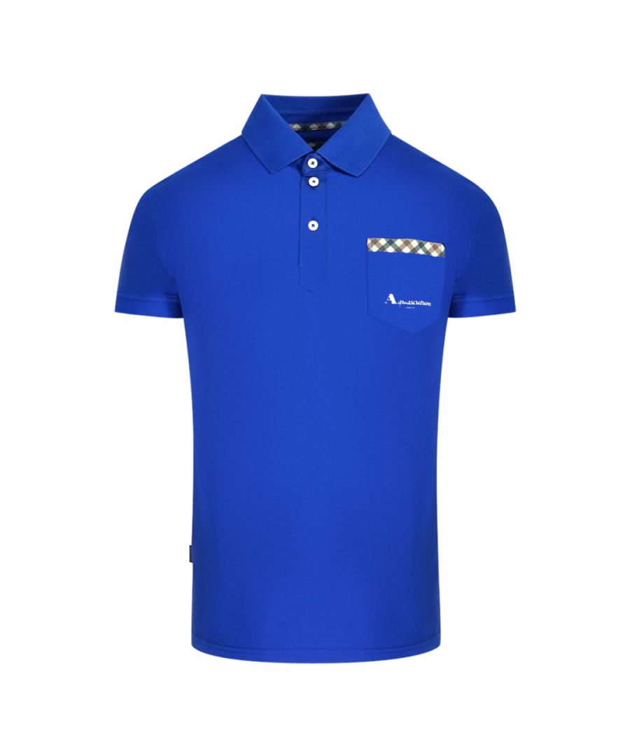 Aquascutum Check Pocket Blue Polo Shirt. Aquascutum Blue Polo Shirt. Printed Brand Logo On Pocket, Short Sleeves, British Flag Badge On Left Shouler. Signature Brand Check Across Top Of Pocket, Stretch Fit 96% Cotton 4% Elastane. Regular Fit, Fits True To Size. Style Code: QMP053 81