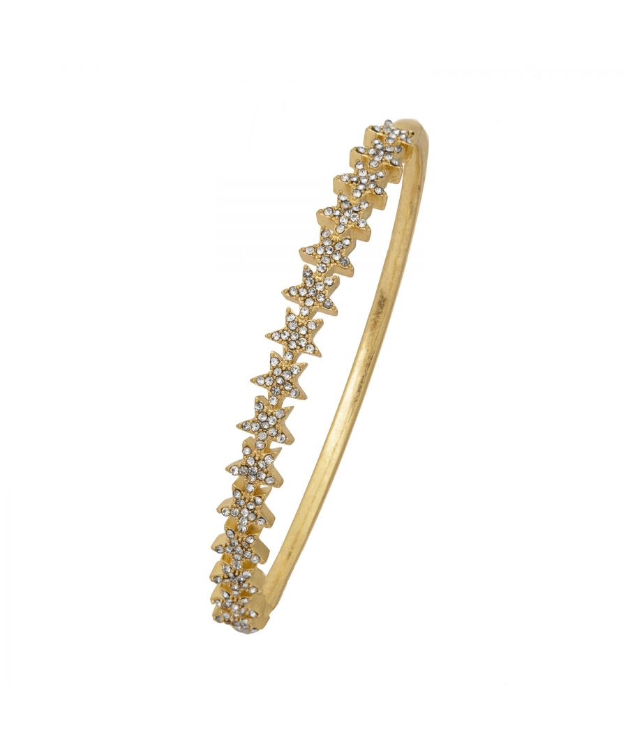 The Kate Thornton Gold Plated Delicate Star Sparkly Bracelet adorned with pave crystals is a show stopping piece to add a touch of glamour to your look day through to night. The delicate star has a hinge fastening that makes it easy and comfortable to wear, no matter where you're headed so make your everyday outfit more special with a little bit of sparkle from this pretty bracelet. The gold tone bracelet dimensions are 6cm x 5cm and features a hinge fastening which you simply press in lightly and open up. Presented in a KTx jewellery pouch to keep your jewellery safe or ideal for gifting!