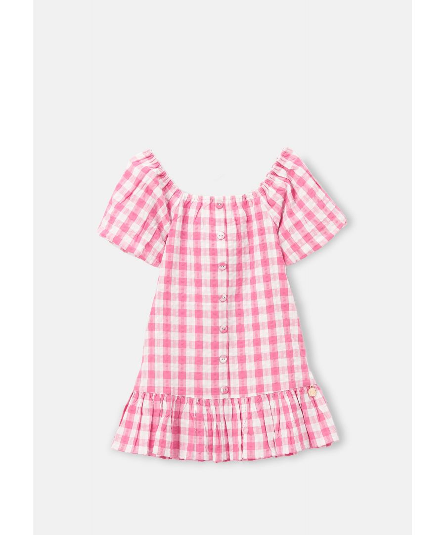 Leah Bring bold checks to your spring wardrobe with this gingham mini dress. Skater style with cut panelled skirt to give the perfect twirl. Beautiful and soft in seersucker cotton. Statement bow front and puff cap sleeves. This style is fully lined with button back fastening.  Angel & Rocket cares – made with fairtrade cotton  Colour : Black & White  About me: 100% cotton  Look after me – Think planet  wash at 30c