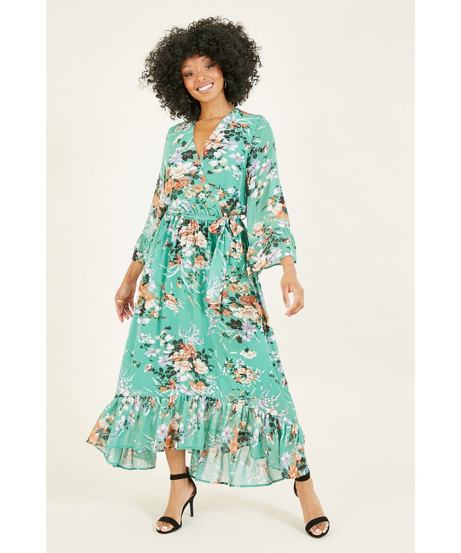 Featuring 3/4 cuffed sleeves, a flattering waist tie belt and a super cute dipped hem, this Yumi Green  Garden Floral Print Dress will inject a little pzaz into your closet. Wear for special occasions - just pair with strappy heels.