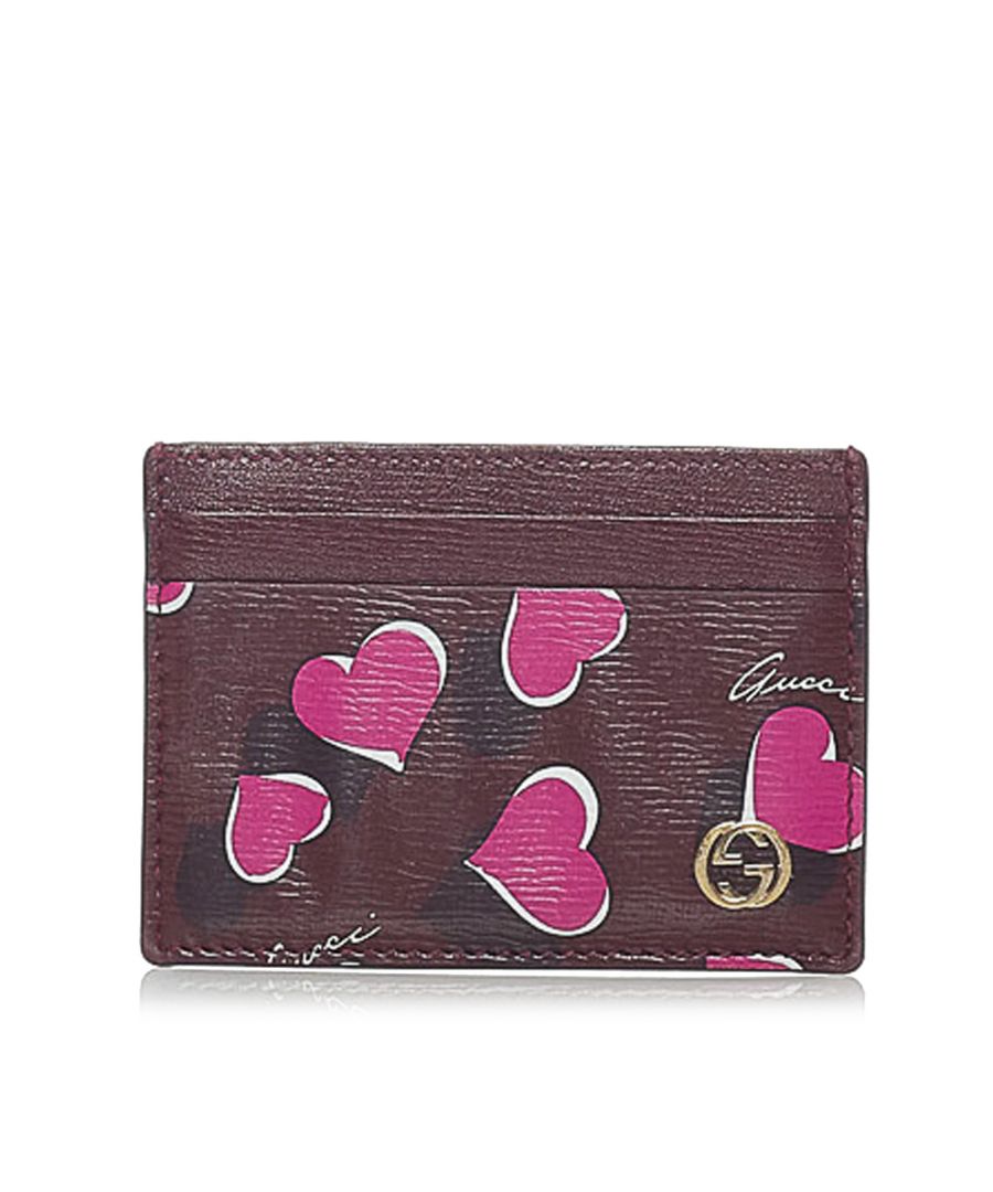 VINTAGE. RRP AS NEW. This card holder features a leather body with heart print and slip pockets.Exterior front is out of shape and stained with others. Interior pocket is stained with others.\n\nDimensions:\nLength 7cm\nWidth 9.5cm\n\nOriginal Accessories: This item has no other original accessories.\n\nSerial Number: 334483\nColor: Red x Bordeaux x Multi\nMaterial: Leather x Calf\nCountry of Origin: Italy\nBoutique Reference: SSU160330K1342\n\n\nProduct Rating: GoodCondition\n\nCertificate of Authenticity is available upon request with no extra fee required. Please contact our customer service team.