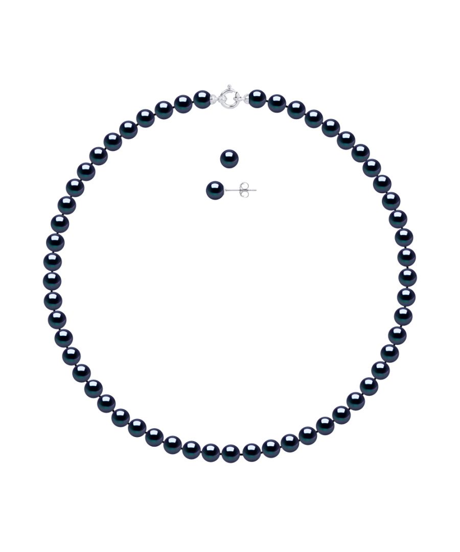 Set Necklace + Earrings of true Cultured Freshwater Pearls 8-9 mm , 0,31 in - Black Color Tahitian Style Length 42 cm , 16,5 in ring clasp White Gold 375 7-8 mm - 0,31 in Push System silicon White Gold 375 - Our jewellery is made in France and will be delivered in a gift box accompanied by a Certificate of Authenticity and International Warranty