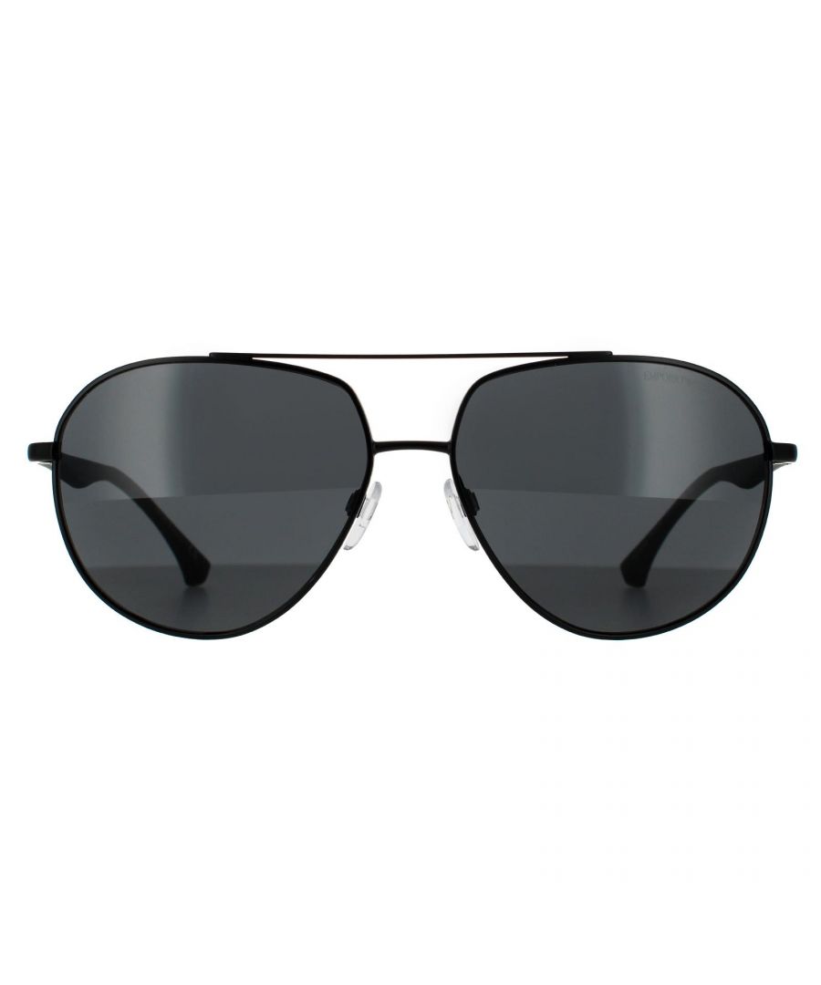 Emporio Armani Aviator Mens Matte Black Grey Sunglasses Emporio Armani are a aviator design with teardrop shaped lenses and double bridge. Adjustable nose pads guarantee a comfortable fit and the Emporio Armani is presented on each temple.