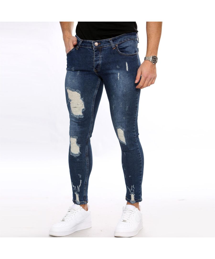 Mens Super Skinny Fit Stretch Ripped Jeans Distressed Ripped Denim Pants. \n\nInseam Length 30”. \n\nRip and Repair (Patches behind the big rips). \n\n2 Back Pockets, 2 Front Pockets and Single Coin Pocket. \n\nBranded Buttons and Rivets. \n\nButton Closure, Zip Fly Fastening. \n\n98% Cotton, 2% Lycra. \n\nMachine Washable.
