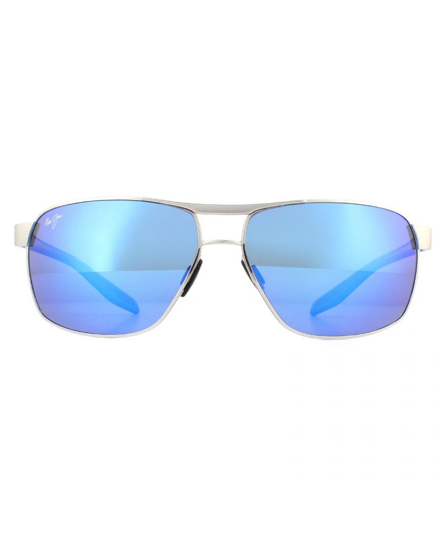 Maui Jim Sunglasses The Bird B835-17A Chrome Black and Blue Temples Blue Hawaii Polarized have a large masculine frame with a slightly wrapped shape with rubberised temples that ensure a secure fit. SuperThin Glass lenses deliver superior views and protection from the sun.