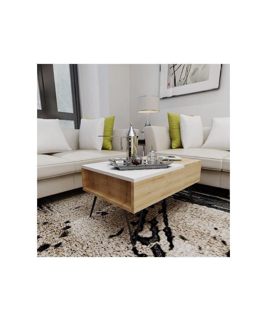 This stylish and functional coffee table is the perfect solution for furnishing the living area and keeping magazines and small items tidy. Easy-to-clean, easy-to-assemble kit included. Color: Endulus Oak, White | Product Dimensions: W80xD50xH38,6 cm , Open H60 cm | Material: Melamine Chipboard, Metal | Product Weight: 20 Kg | Supported Weight: 10 Kg | Packaging Weight: W88xD58xH10 cm - W50xD30xH13 cm Kg | Number of Boxes: 2 | Packaging Dimensions: W88xD58xH10 cm - W50xD30xH13 cm.