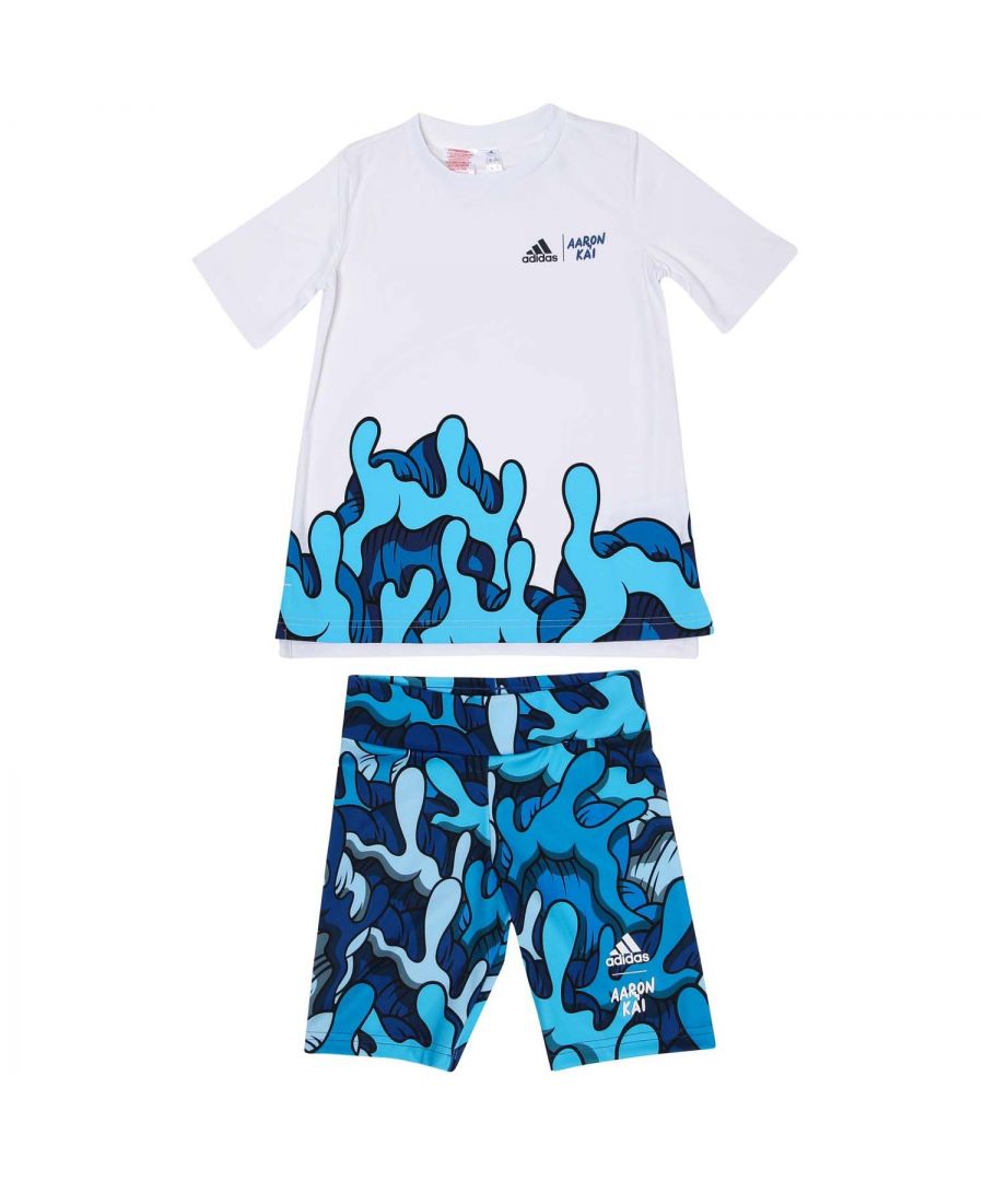 Infant Girls adidas Aaron Kai Primeblue Summer Set in royal white.- Tee:- Crew neck.- Moisture absorbing.- Interlock.- Loose fit.- Main Material: 100% Polyester (Recycled).Machine washable. - Shorts: - Elastic waist.- Moisture absorbing.- Interlock.- Primeblue.- Fitted fit.- Main Material: 85% Polyester (Recycled)  15% Elastane. Machine washable. - Ref: GM8370I