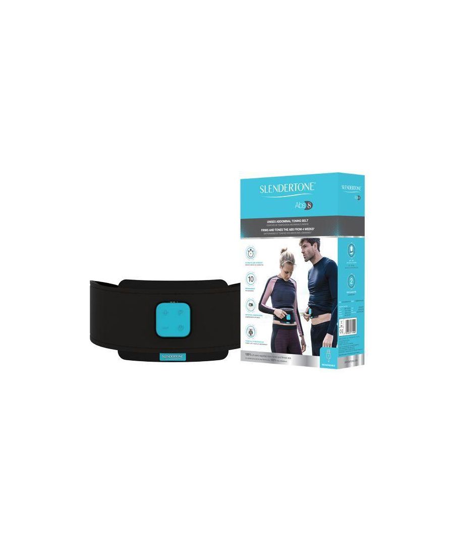 Abs8 Toning Belt\n\nOur newest and most comfortable abs toning belt, with unique ergonomic design, face up display and 10 toning programmes. Clinically proven to firm & tone your abs from 4 weeks, recommended to use 20-30 minutes a day, 5 days a week.\n\nFeatures:\n\nNew OLED Display - OLED (Organic Light Emitting Diodes) Display achieves a brighter picture quality than LCD Displays.\nFace up display - so you can see more easily the display information while toning.\nMemory Functionality tracking your most recent toning session.\nRechargeable controller - via USB charging cable in just three hours (see details here).\nEasy to use and assemble - the controller attaches to the belt with new magnetic connectors.\n\n\n10 Programmes:\n\n7 Passive Programmes (while reading, working on your computer, watching TV, walking, cooking, helping with your kids homework etc.): 1. Initiation, 2. Beginner, 3. Intermediate, 4. Advanced, 5. Expert, 6. Pro Toning, 7. Ab Power.\n3 Active Programmes (while doing a physical activity): 8. Endurance (with a moderate cardio activity such as active walking, jogging or using a stepper or exercise bike), 9. Beginner Crunch & 10. Advanced Crunch (to maximize your Ab Crunch training).\n\n100 intensity levels:\nLevels ranging from 0-100, maximum intensity levels vary depending on the programme selected.\n\n\nSpecifications:\n\nSize 24-42 inches (61-107cm) - note that our belt extension can extend it by 7-9 inches (17-22cm)\nEasy to clean by hand in lukewarm water (remove controller and gel pads first and allow to dry naturally)\nBiomedical-tested fabric\n\n\nIncluded in the box:\n\nSlendertone Abs8 unisex toning belt\nRechargeable Controller\nOne pack of 3 gel pads\nUSB charging cable\nQuick-start guide\nInstruction manual