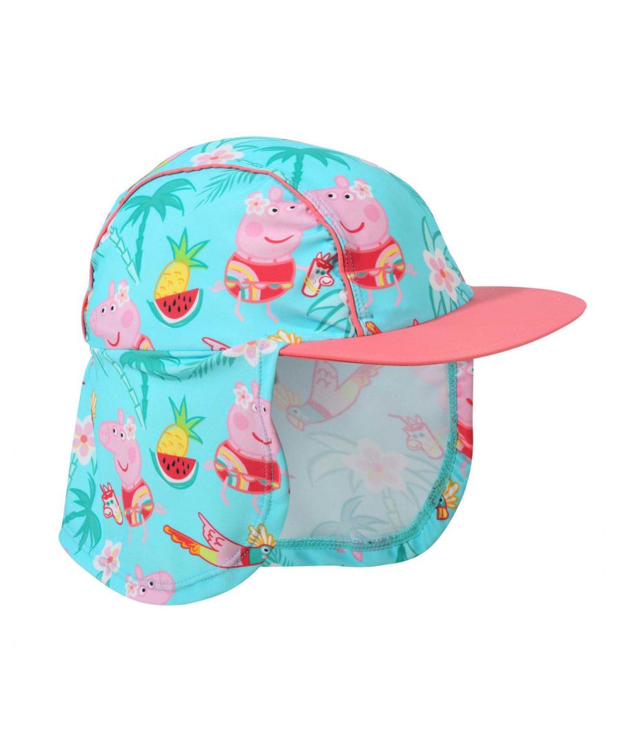 80% Nylon, 20% Elastane. Design: Bird, Pineapple, Tropical, Watermelon. Flat Peak, Neck Flap. 100% Officially Licensed. Contrast Piping, Sun Protective. Characters: Peppa Pig.