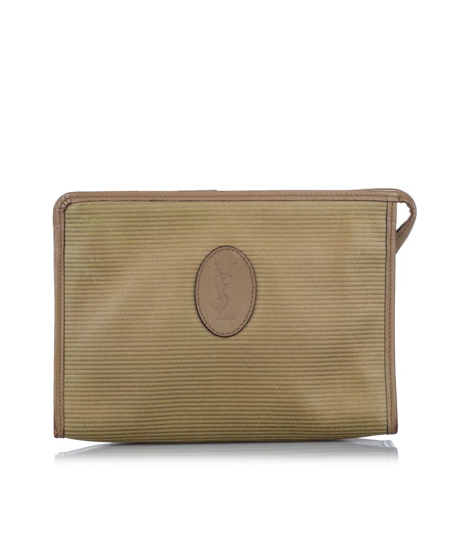 VINTAGE. RRP AS NEW. This clutch features a canvas body with leather trim, a top zip closure, and an interior slip pocket.Exterior back is discolored and stained. Exterior bottom is discolored. Exterior corners is discolored. Exterior front is discolored and stained. Exterior side is discolored. Zipper is scratched and tarnished. Interior lining is discolored. Interior pocket is discolored.\n\nDimensions:\nLength 18cm\nWidth 25cm\nDepth 7cm\n\nOriginal Accessories: This item has no other original accessories.\n\nSerial Number: B1\nColor: Brown x Beige\nMaterial: Fabric x Canvas x Leather x Calf\nCountry of Origin: FRANCE\nBoutique Reference: SSU165321K1342\n\n\nProduct Rating: FairCondition\n\nCertificate of Authenticity is available upon request with no extra fee required. Please contact our customer service team.