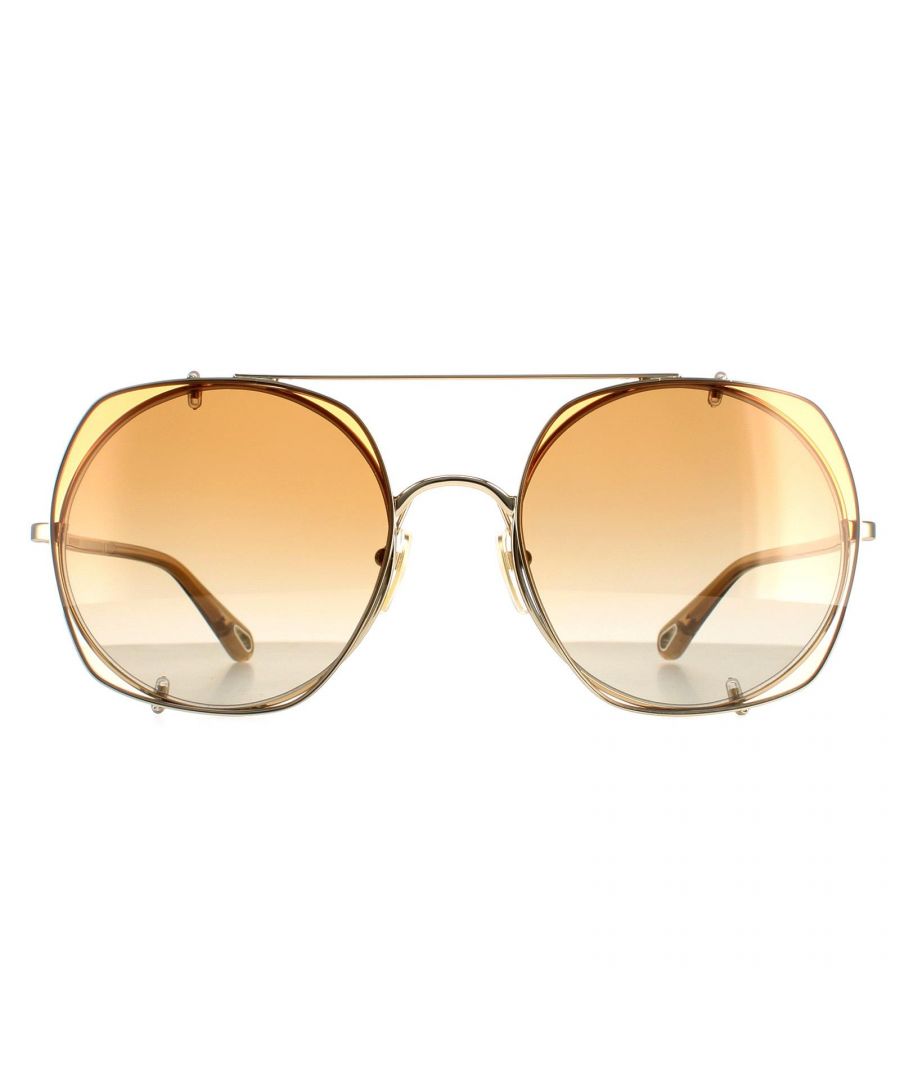 Chloe Aviator Womens Gold  Orange Gradient  CH0042S  Sunglasses are a chic round style with a sculptural wired frame, top brow bar and temples etched with the Chloe logo for authenticity.