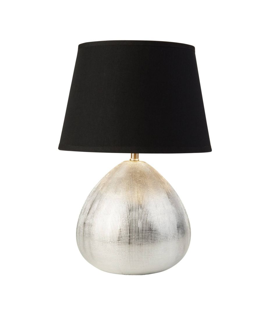 Modern table lamp boasting an etched silver base with black shade\nHeight: 35cm  \nWidth: 24cm  \nDepth: 24cm  \nMaximum Wattage: 60w  Bulb: 1 x E14 Light Bulb (Not Included) \n\nUpdate your interiors with the contemporary Astor table lamp which is exclusive to Pagazzi. Boasting a silver base with a light etched design, this textured table lamp is finished with a modern black shade. Feature this table lamp in living rooms, hallways and bedrooms for a stylish lighting addition to your room.