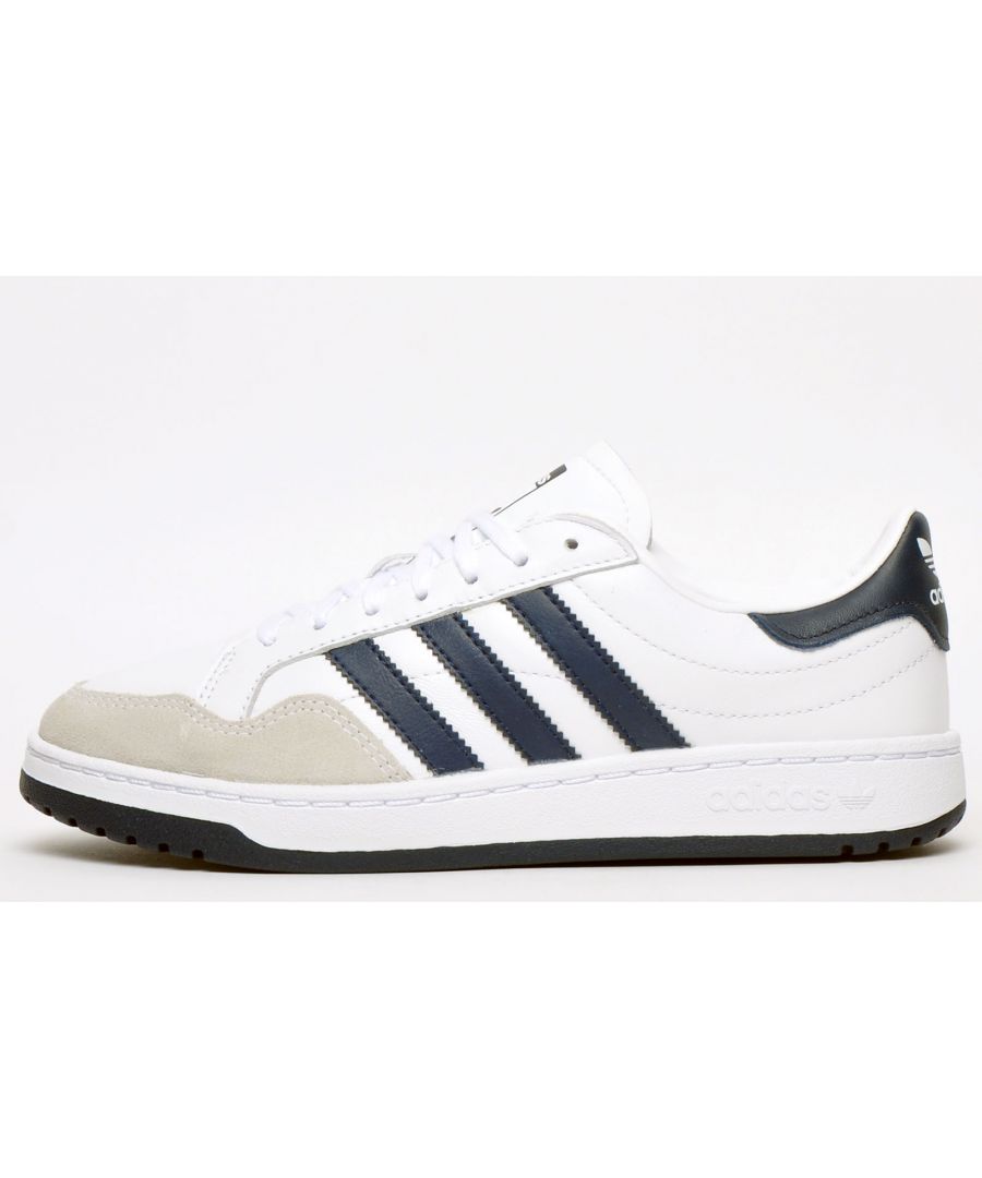 Taking its inspiration from the iconic basketball shoe, these mens Adidas Team Court trainers offer a sleeker, more defined silhouette which offers a laid-back style to the street, this Court trainer gives your urban wardrobe a vote of vintage and retro confidence. A sleek white and navy leather upper offers a designer and modern led feel whilst the padded tongue and heel offer a comfortable fit and a traditional lace up front ensures feet stay safe and secure. \n A vintage styled vulcanised rubber outsole provides great traction and grip on a variety of surfaces making these trainers a great choice for everyday wear. In a low-cut silhouette with standout Adidas branding, these trainers are packed with luxe attitude\n - Leather/synthetic mix upper\n - Padded tongue and heel\n - Traditional lace up fastening \n - Cushioned footbed\n - Perforated vamp detail\n - Vintage styled rubber outsole\n - Adidas branding throughout