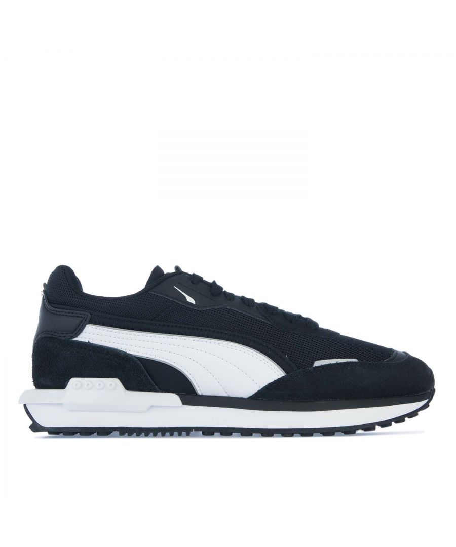 Mens Puma City Rider B&W Trainers in black- white.- Mesh and synthetic leather upper.- Lace up fastening.- PUMA Cat Logo at heel.- Silver reflective.- Puma Formstripe with nylon piping.- Suede overlays on toe and heel.- Mesh vamp.- IMEVA midsole.- Rubber outsole.- Ref: 38204601