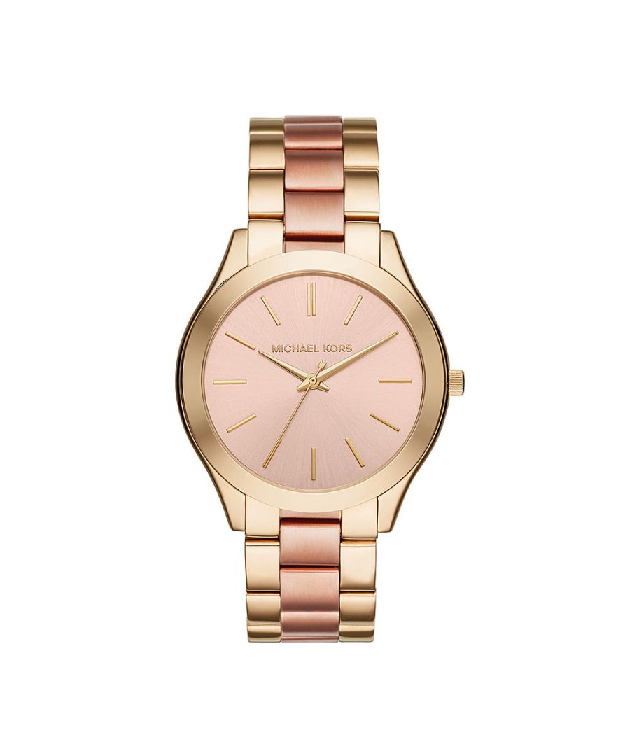 PRODUCT INFO - Case Diameter: 40mm   Case Material: Gold   Water Resistant: 100 Metres   Movement: Quartz (Battery)   Dial Colour: Gold                    \nStrap Material: Two Tone/ Gold Stainless Steel Bracelet   Clasp Type: Push-Button Deployment   Gender: Female\n\nDESCRIPTION - This Ladies Michael Kors slim runway watch will add a touch of luxury to any of your looks. Made from a rose gold tone with a round face powered by a quartz movement. Don't miss out on a chance to shine with this glamourous time piece that is effortless in its quest to bring to life that party dress or add a little bit of sophistication to the office. FREE Home Delivery - Including Next Day Service*. Available for gift wrap. We offer free bracelet adjustment service on this product. Please contact customer services\tReturns policy