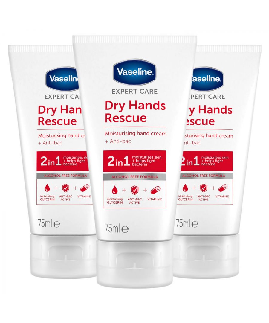 Moisturises hands deeply and removes germs like a hand sanitiser. This anti-bacterial hand cream keeps moisturization in and germs out. Contains 5 essential moisturizers. The hand cream contains 5 essential moisturizers including collagen amino acids and glycerin and reduces 99.9% of bacteria within 15 seconds. Vaseline Hand Cream and Anti Bacterial Lotion leave your hands both deeply moisturized and instantly germ protected. Our unique, non-greasy, alcohol-free formulation combines 5 essential moisturizers and proven germ protection for soft and hygienic hands in one go. Moisturises hands. Removes germs like a sanitising\n\nFeatures:\n\nHand Cream + Anti-Bac leaves your hands both deeply moisturized & instantly germ protected.\nthe unique, non-greasy, alcohol-free formulation combines 5 Essential Moisturisers + Proven Germ Protection for soft and hygienic hands in one go!\nRemoves germs like a sanitiser.\nSanitizing effect based on in vitro data vs. an alcohol standard.\nMoisturization within the stratum corneum.\n\nMoisturises hands deeply and removes germs like a hand sanitiser. This anti-bacterial hand cream keeps moisturization in and germs out. Contains 5 essential moisturizers.\n\nBox contains: 3x Vaseline Intensive Care HandCream+Anti-bac, 75 ml