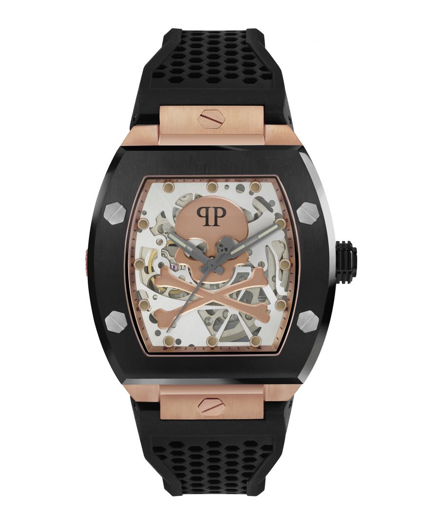 This Philipp Plein The $keleton Analogue Watch for Men is the perfect timepiece to wear or to gift. It's Rose Gold 44 mm Tonneau case combined with the comfortable Black Silicone watch band will ensure you enjoy this stunning timepiece without any compromise. Operated by a high quality Automatic movement and water resistant to 5 bars, your watch will keep ticking. This watch has an automatic watch movement ( recharged by any movement with your wrist; never needs a battery) and has a skeleton picture on the dial High quality 21 cm length and 26 mm width Black Silicone strap with a Buckle Case diameter: 44 mm,case thickness: 14 mm, case colour: Rose Gold and dial colour: Silver