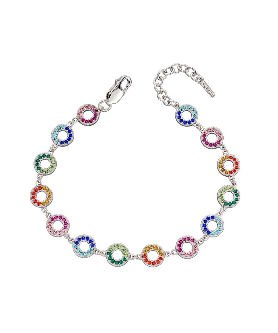 Design: Add a pop of colour to your outfit with this vibrant crystal bracelet from Fiorelli. Featuring crystals in a myriad of colours to create a rainbow effect, this silver bracelet makes a cheerful addition to your jewellery collection. Matching earrings and necklace also available. Composition: This item is made of 925 sterling silver with a protective rhodium plating and a modern polished finish. Dimensions: height 7.1mm, width 10.8mm, depth 1.6mm, item weight 7.5g Fitting: This bracelet is 16.5cm in length and also features a 3.5cm extender chain so the length can be easily adjusted up to 21cm. Fastens with a secure lobster clasp. Packaging: This item comes presented in a luxury branded Fiorelli jewellery presentation box which is ideal for gifting and perfect for storing the item safely.