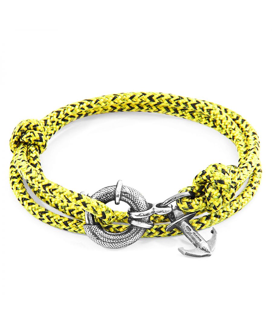 The Yellow Noir Clyde Anchor Silver and Rope Bracelet was both designed and skilfully handcrafted completely in Great Britain, In Quality We Trust. For the Modern Journeyman (and woman), ANCHOR & CREW takes ownership of an exploratory lifestyle and enjoys the Happy-Good Life. Combining British craft manufacturing with a discerning modern-minimalist style, this ANCHOR & CREW bracelet features: \n\n3mm diameter performance Marine Grade polyester and nylon rope (GB) \nSecure solid .925 sterling silver lifeboat clasp and drop anchor (GB) \n\nSIZING\nThis bracelet is one size fits all, with the rope able to extend or tighten to suit your wrist size. To take the bracelet on or off your wrist, simply slide the one adjustable knot around the rope to make the loop size smaller or larger. Once set, keep the loop size consistent and simply slide the latch within the clasp and feed the rope into or out of the toggle.