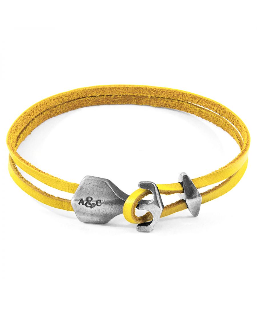 The Mustard Yellow Delta Anchor Silver and Flat Leather Bracelet was both designed and skilfully handcrafted completely in Great Britain, In Quality We Trust. For the Modern Journeyman (and woman), ANCHOR & CREW takes ownership of an exploratory lifestyle and enjoys the Happy-Good Life. Combining British craft manufacturing with a discerning modern-minimalist style, this ANCHOR & CREW bracelet features: \n\nGenuine and natural square-shaped leather, with two sides of differing textures: 1. Smooth + Flat, 2. Ruffled + Fibrous (GB)\nSecure solid .925 sterling silver anchor and rhombus clamp (GB) \n\nSIZING\nThis bracelet is available in four bracelet lengths, 17cm, 19cm, 21cm or 23cm in circumference. To take the bracelet on or off your wrist, simply (un)hook the clasp from the loop and slide the rhombus clamp for added security.